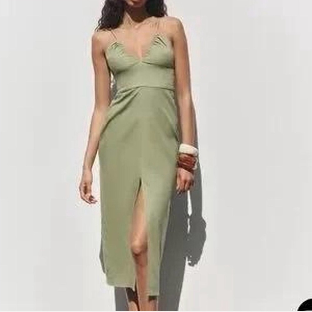 Zara Olive Green Linen Blend Midi Dress – NWT – Size Small